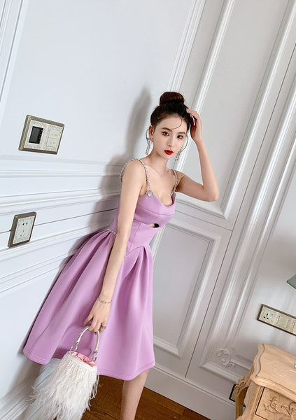 Chic Elegant Women Purple Spaghetti Strap Waist Front Hollow A Line Party Dress
