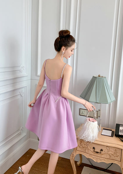 Chic Elegant Women Purple Spaghetti Strap Waist Front Hollow A Line Party Dress