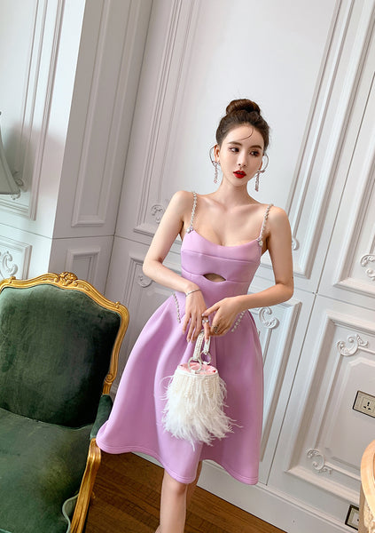 Chic Elegant Women Purple Spaghetti Strap Waist Front Hollow A Line Party Dress