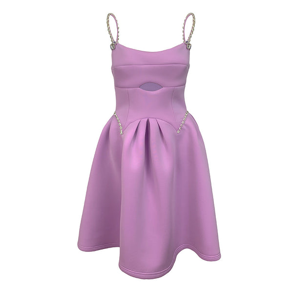 Chic Elegant Women Purple Spaghetti Strap Waist Front Hollow A Line Party Dress