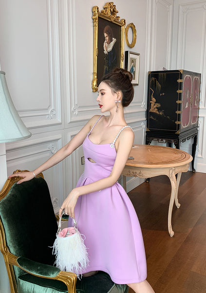 Chic Elegant Women Purple Spaghetti Strap Waist Front Hollow A Line Party Dress