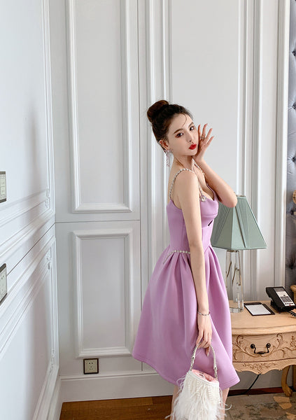 Chic Elegant Women Purple Spaghetti Strap Waist Front Hollow A Line Party Dress