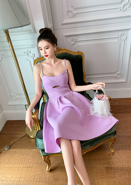Chic Elegant Women Purple Spaghetti Strap Waist Front Hollow A Line Party Dress