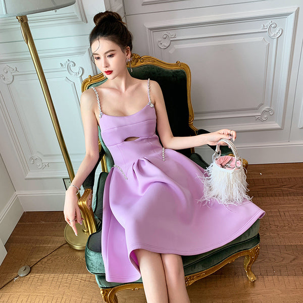 Chic Elegant Women Purple Spaghetti Strap Waist Front Hollow A Line Party Dress