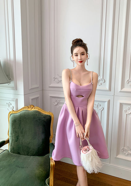 Chic Elegant Women Purple Spaghetti Strap Waist Front Hollow A Line Party Dress