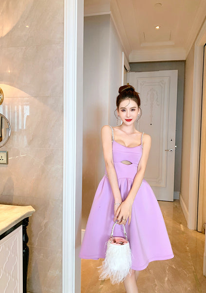 Chic Elegant Women Purple Spaghetti Strap Waist Front Hollow A Line Party Dress