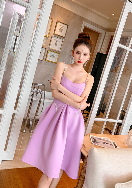 Chic Elegant Women Purple Spaghetti Strap Waist Front Hollow A Line Party Dress