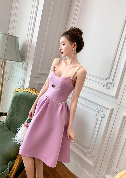 Chic Elegant Women Purple Spaghetti Strap Waist Front Hollow A Line Party Dress