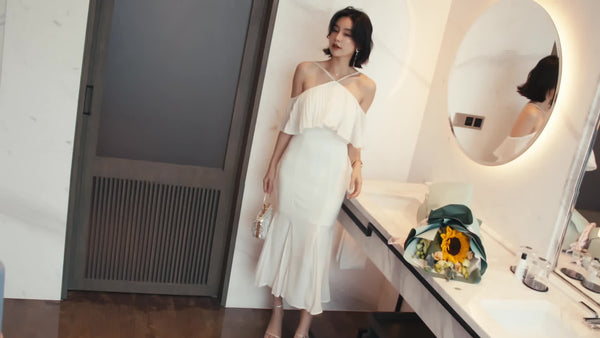 Summer Elegant Women Sexy Off Shoulder Halter Neck Ruffled Waist Mermaid Dress