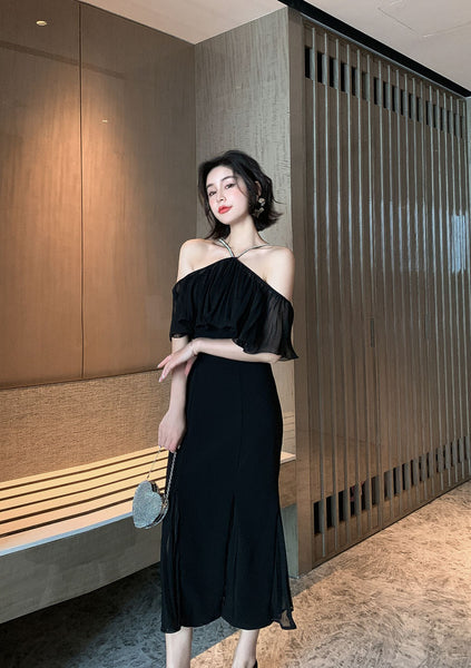 Summer Elegant Women Sexy Off Shoulder Halter Neck Ruffled Waist Mermaid Dress