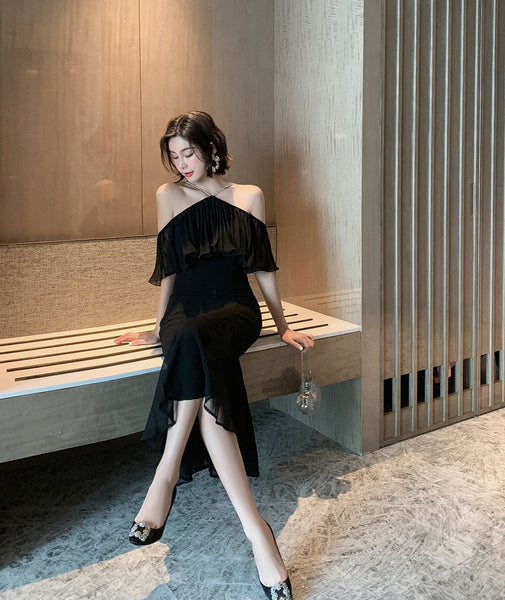 Summer Elegant Women Sexy Off Shoulder Halter Neck Ruffled Waist Mermaid Dress