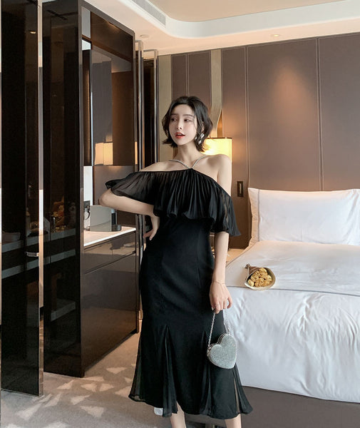 Summer Elegant Women Sexy Off Shoulder Halter Neck Ruffled Waist Mermaid Dress