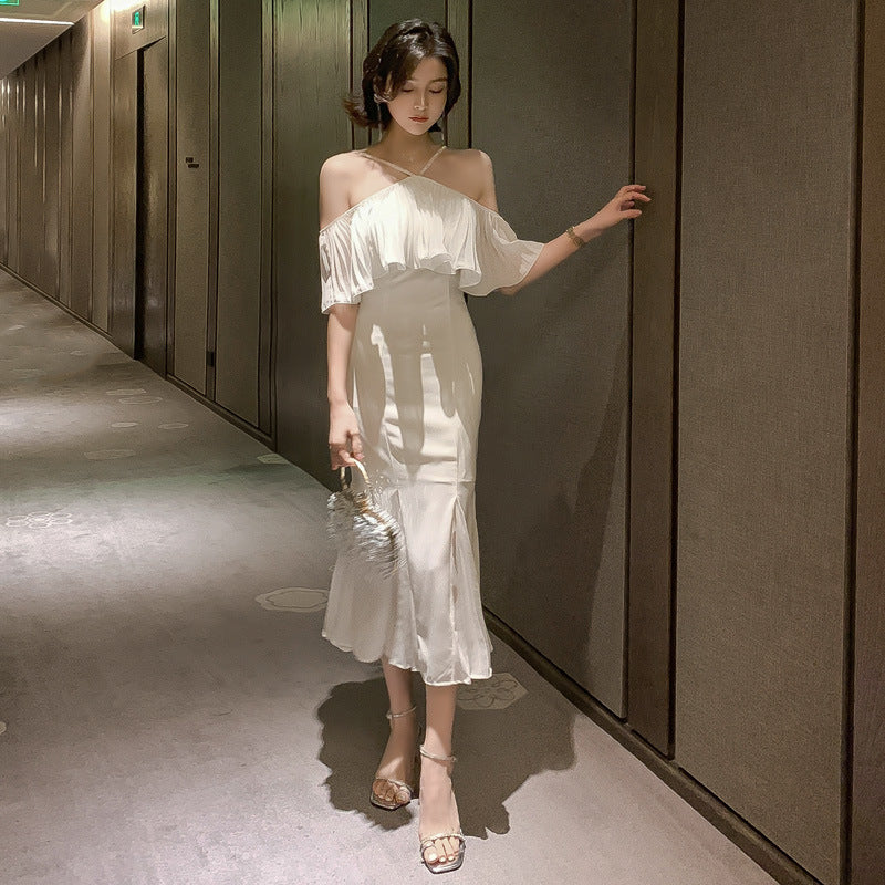 Summer Elegant Women Sexy Off Shoulder Halter Neck Ruffled Waist Mermaid Dress