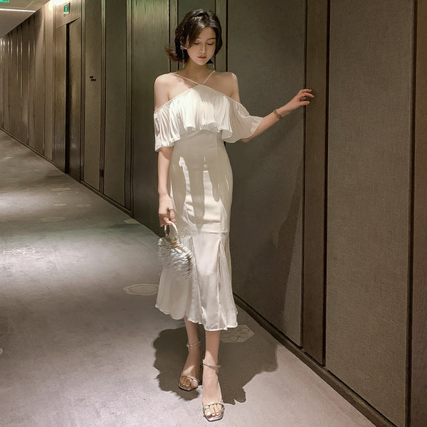 Summer Elegant Women Sexy Off Shoulder Halter Neck Ruffled Waist Mermaid Dress