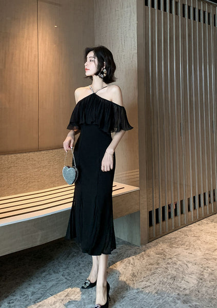 Summer Elegant Women Sexy Off Shoulder Halter Neck Ruffled Waist Mermaid Dress