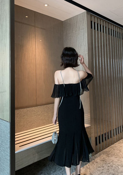 Summer Elegant Women Sexy Off Shoulder Halter Neck Ruffled Waist Mermaid Dress