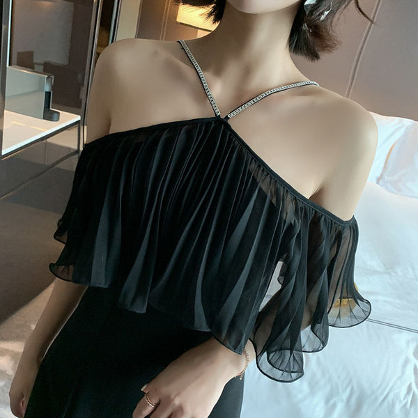 Summer Elegant Women Sexy Off Shoulder Halter Neck Ruffled Waist Mermaid Dress