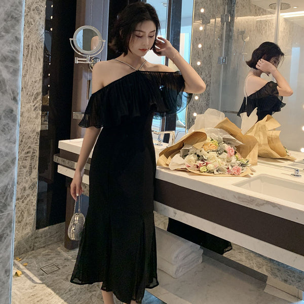 Summer Elegant Women Sexy Off Shoulder Halter Neck Ruffled Waist Mermaid Dress