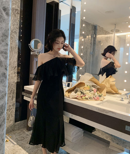 Summer Elegant Women Sexy Off Shoulder Halter Neck Ruffled Waist Mermaid Dress