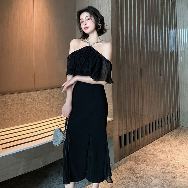 Summer Elegant Women Sexy Off Shoulder Halter Neck Ruffled Waist Mermaid Dress