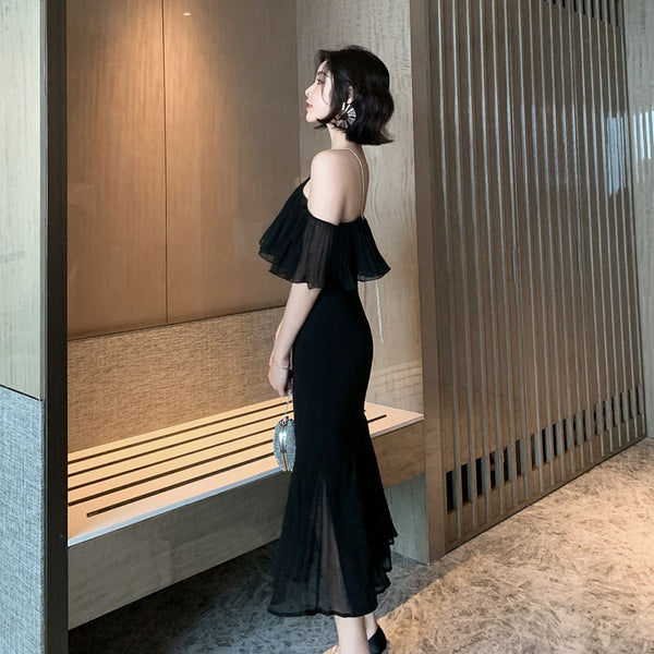 Summer Elegant Women Sexy Off Shoulder Halter Neck Ruffled Waist Mermaid Dress
