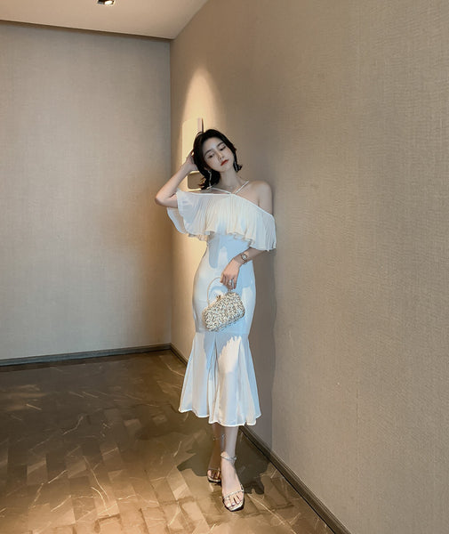 Summer Elegant Women Sexy Off Shoulder Halter Neck Ruffled Waist Mermaid Dress