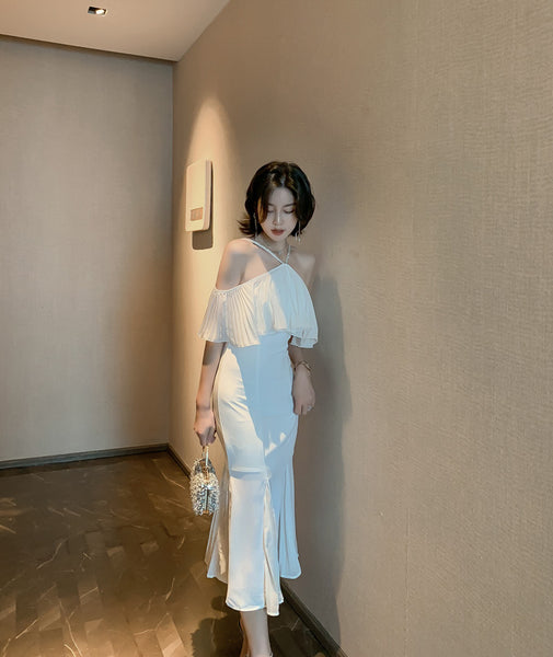 Summer Elegant Women Sexy Off Shoulder Halter Neck Ruffled Waist Mermaid Dress