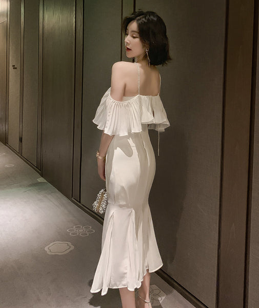 Summer Elegant Women Sexy Off Shoulder Halter Neck Ruffled Waist Mermaid Dress
