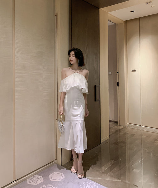 Summer Elegant Women Sexy Off Shoulder Halter Neck Ruffled Waist Mermaid Dress