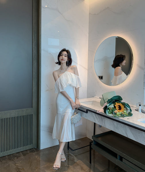 Summer Elegant Women Sexy Off Shoulder Halter Neck Ruffled Waist Mermaid Dress