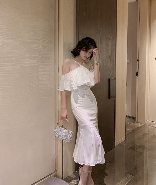 Summer Elegant Women Sexy Off Shoulder Halter Neck Ruffled Waist Mermaid Dress