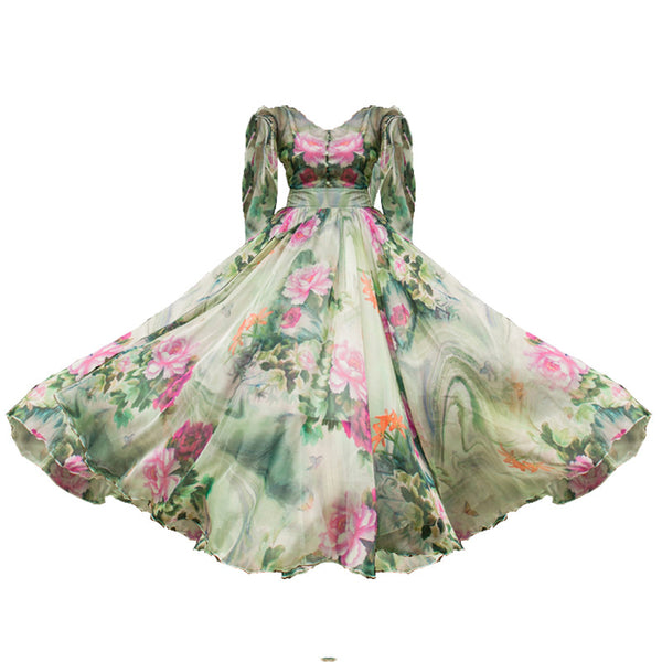 Trendy Summer Short Sleeve Floral Printed Faux Georgette Maxi Large Swing Dress