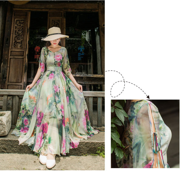 Trendy Summer Short Sleeve Floral Printed Faux Georgette Maxi Large Swing Dress