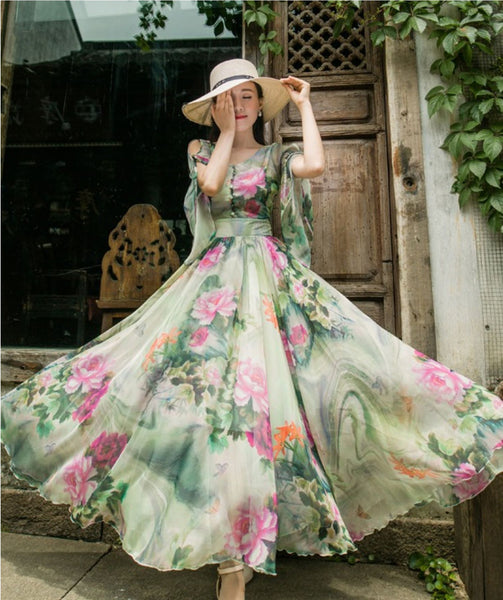 Trendy Summer Short Sleeve Floral Printed Faux Georgette Maxi Large Swing Dress