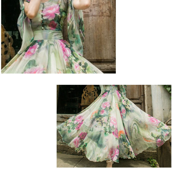 Trendy Summer Short Sleeve Floral Printed Faux Georgette Maxi Large Swing Dress