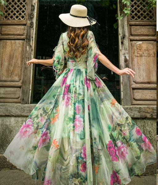 Trendy Summer Short Sleeve Floral Printed Faux Georgette Maxi Large Swing Dress