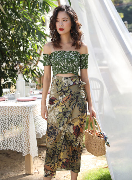 Olive Green Bohemian Off Shoulder Top Tube Wrap Floral Holiday Beach Skirt Dress
