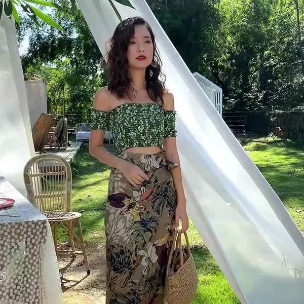 Olive Green Bohemian Off Shoulder Top Tube Wrap Floral Holiday Beach Skirt Dress