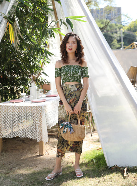 Olive Green Bohemian Off Shoulder Top Tube Wrap Floral Holiday Beach Skirt Dress