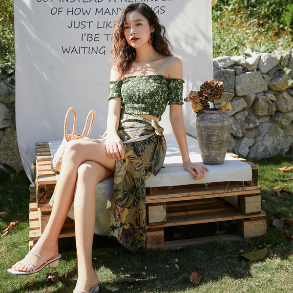 Olive Green Bohemian Off Shoulder Top Tube Wrap Floral Holiday Beach Skirt Dress