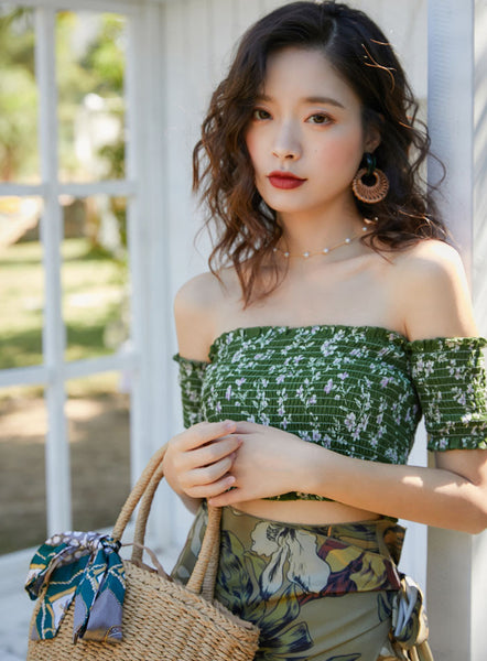 Olive Green Bohemian Off Shoulder Top Tube Wrap Floral Holiday Beach Skirt Dress