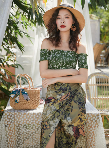 Olive Green Bohemian Off Shoulder Top Tube Wrap Floral Holiday Beach Skirt Dress