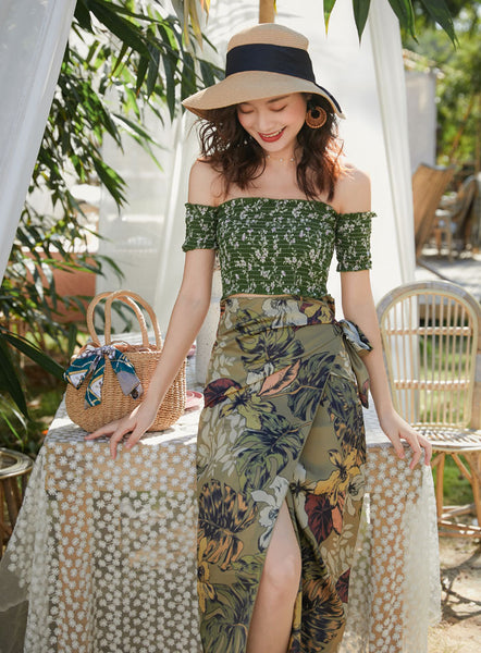 Olive Green Bohemian Off Shoulder Top Tube Wrap Floral Holiday Beach Skirt Dress