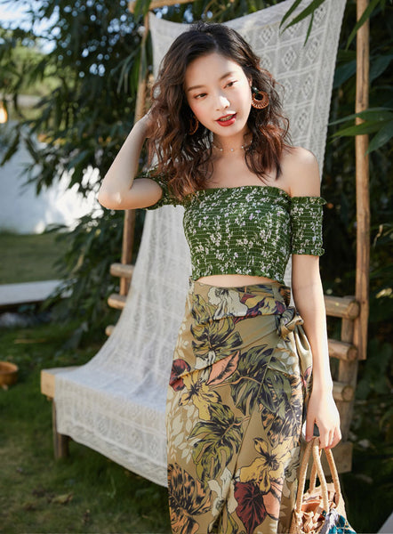 Olive Green Bohemian Off Shoulder Top Tube Wrap Floral Holiday Beach Skirt Dress
