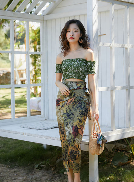 Olive Green Bohemian Off Shoulder Top Tube Wrap Floral Holiday Beach Skirt Dress
