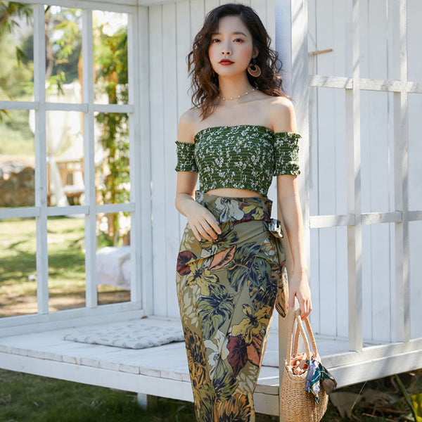 Olive Green Bohemian Off Shoulder Top Tube Wrap Floral Holiday Beach Skirt Dress