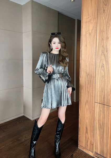 Spring Temperament Women Long Sleeves Cyber Shiny Silver Pleated Ruffled High Waist Dress