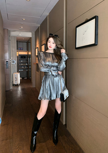 Spring Temperament Women Long Sleeves Cyber Shiny Silver Pleated Ruffled High Waist Dress