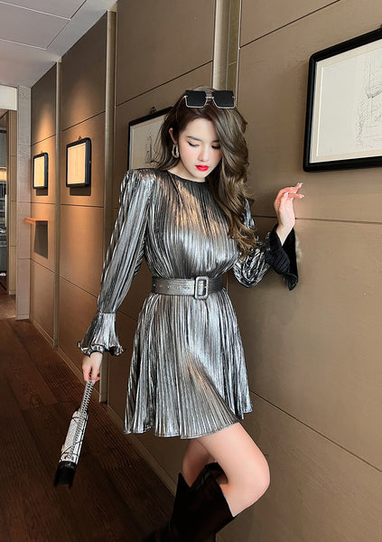 Spring Temperament Women Long Sleeves Cyber Shiny Silver Pleated Ruffled High Waist Dress