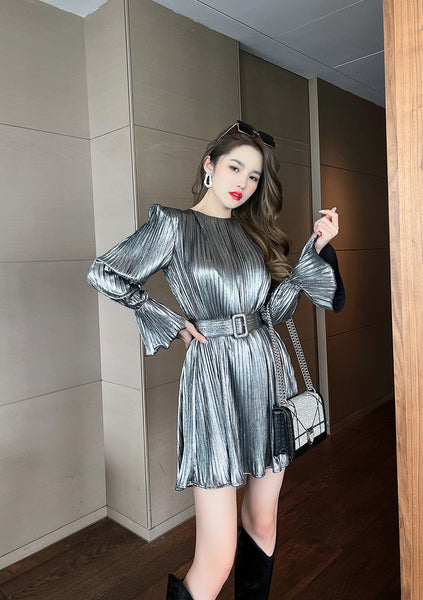 Spring Temperament Women Long Sleeves Cyber Shiny Silver Pleated Ruffled High Waist Dress